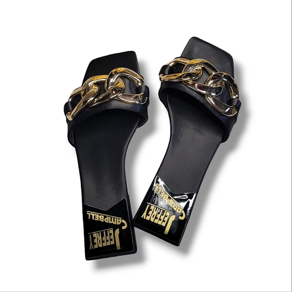 Jeffrey Campbell Shoes - EUC Jeffrey Campbell Black Park Chain Slides Flats Slip-On Sandals Size 7‎